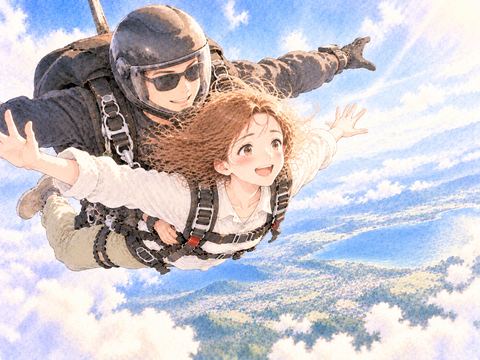 インストラクターと二人一組で空中を降下する女性