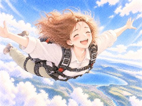 青空で両腕を広げ笑顔でスカイダイビングする女性