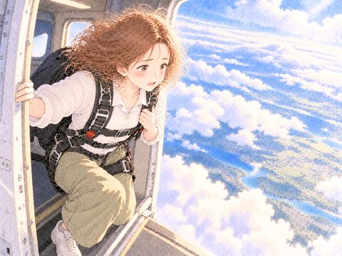 飛行機の開いた扉で怖がりながら空を見下ろす女性
