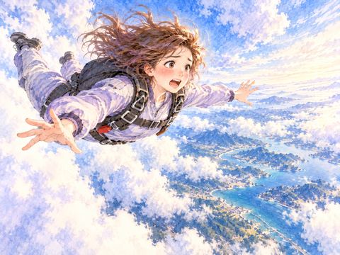 風を受けながら地上へ勢いよく降下する女性