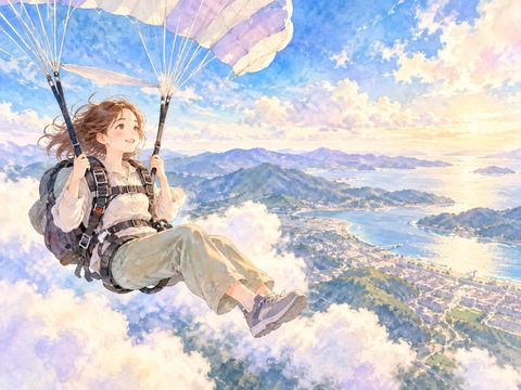 広い景色を眺めながらゆっくり降下する女性