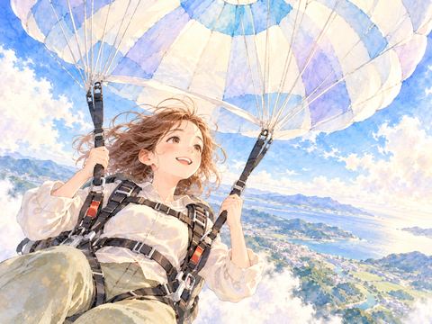 開いたパラシュートの下で安心した表情を浮かべる女性