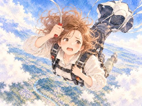 パラシュートが開かず空中で不安そうにひもを引く女性
