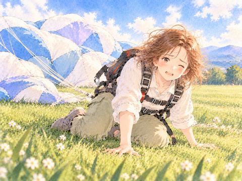 着地で転び草原に手をついて起き上がろうとする女性