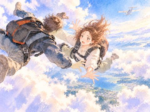 空中で接近した二人のスカイダイバーが衝突して体勢を崩す場面