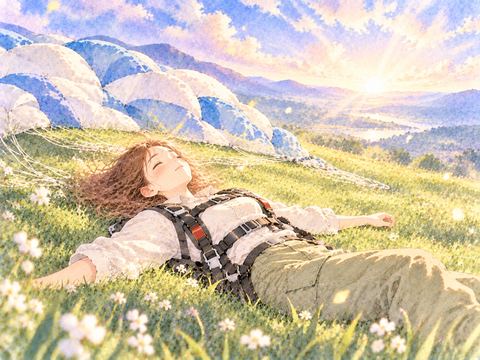 空から落下した女性が光に包まれ静かに横たわる夢の場面