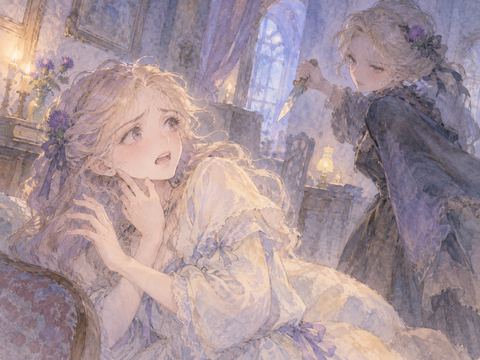 首元へ刃物を向けられ肩をすくめて身を守る女性