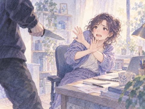 刃物から手と腕を守ろうとして身を引く女性