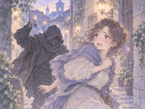 背後から刃物を振りかざす人影に驚いて振り返る女性