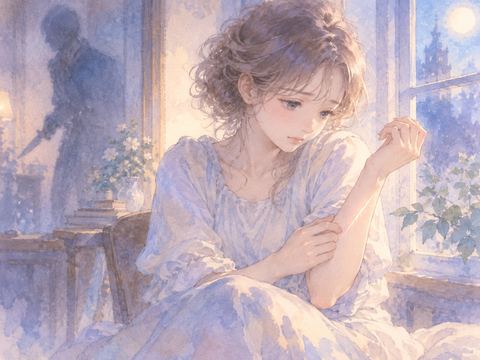 切りつけられた腕に残る光の線を悲しげに見つめる女性