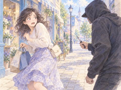 昼の歩道で突然刃物を持つ人物に襲われ驚く女性