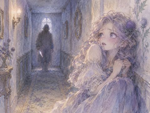 刃物を持つ人物に追い詰められ恐怖で身をすくめる女性