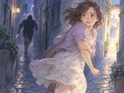 切りつけられた腕を押さえ人影から走って逃げる女性