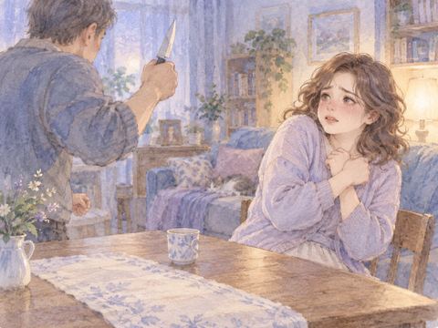 家庭の居間で刃物を向ける家族を前に悲しげな女性