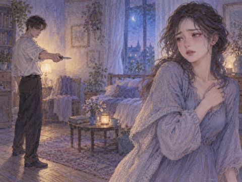 刃物を向ける恋人を前に悲しげな表情で後ずさる女性