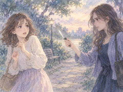 刃物を振りかざす友人を前に驚き悲しむ女性