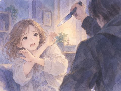 ナイフを振りかざす人物を前に腕で身を守る女性
