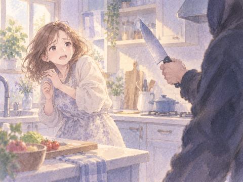 台所で包丁を向けられ驚いて身を引く女性