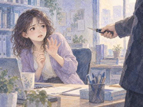 カッターナイフを持つ人物を前に身を引く女性