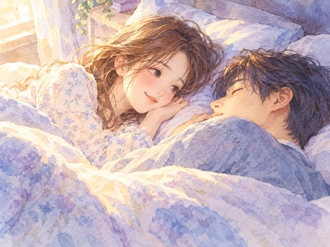好きな男性の寝顔を幸せそうに見つめる女性
