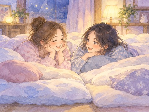 布団を並べて笑顔で話す大人の女性二人