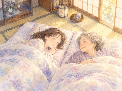 懐かしい和室で母親の隣に安心して横になる大人の女性
