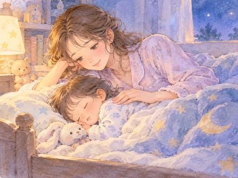 眠る小さな子供の背中を優しくなでる女性