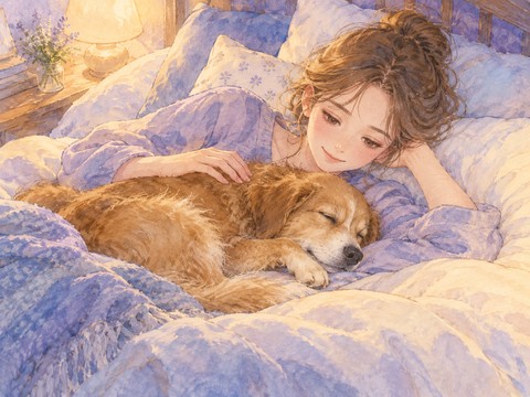 ベッドで女性に体を預けて眠る犬