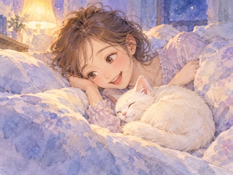 布団に入ってきた白猫を笑顔で迎える女性