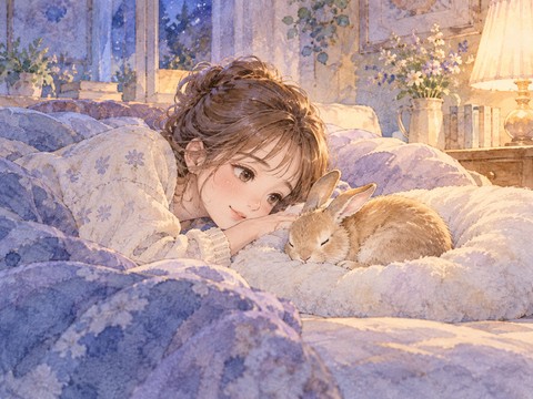 いつもの寝床でペットのうさぎに寄り添う女性