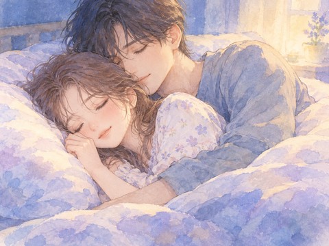 男性に後ろから優しく抱きしめられて眠る女性