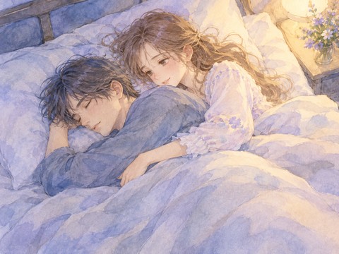 眠る男性を女性が優しく抱きしめる場面
