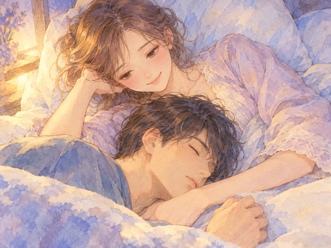 男性に腕枕をして穏やかに微笑む女性