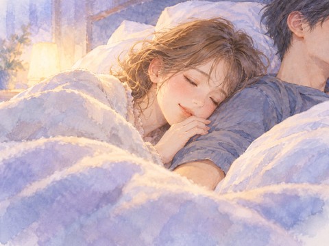 好きな男性の腕に寄り添って眠る女性