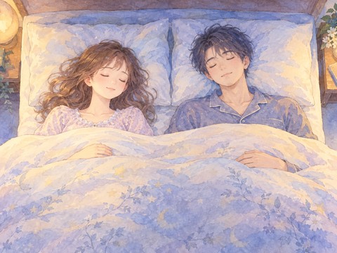 少し間隔を空けて穏やかに眠る大人の男女