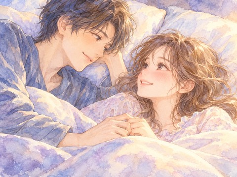 添い寝する男性と目が合い幸せそうに頬を赤らめる女性