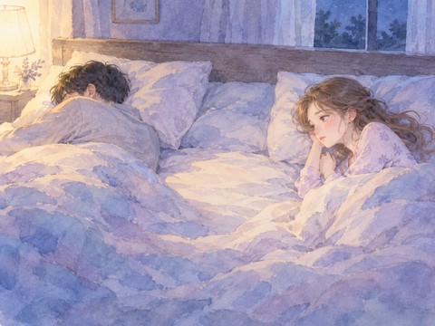 背を向けて眠る男性の隣で寂しそうな女性