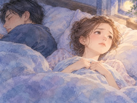 眠る男性の隣で考え込んで眠れない女性