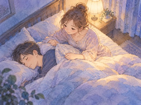 寝室で夫の布団をそっと掛け直す妻