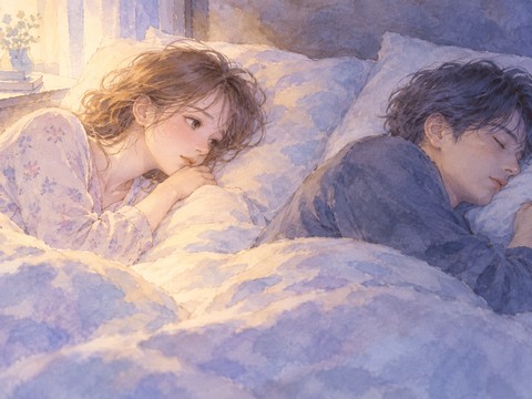 隣で眠る元恋人を切なそうに見つめる女性