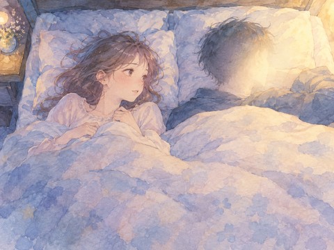顔の分からない人物の隣で不思議そうに眠る女性