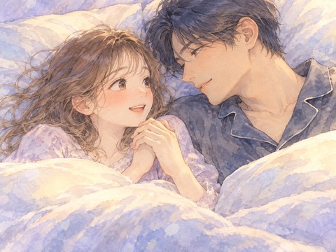 知らない男性と手をつなぎ照れながら添い寝する女性