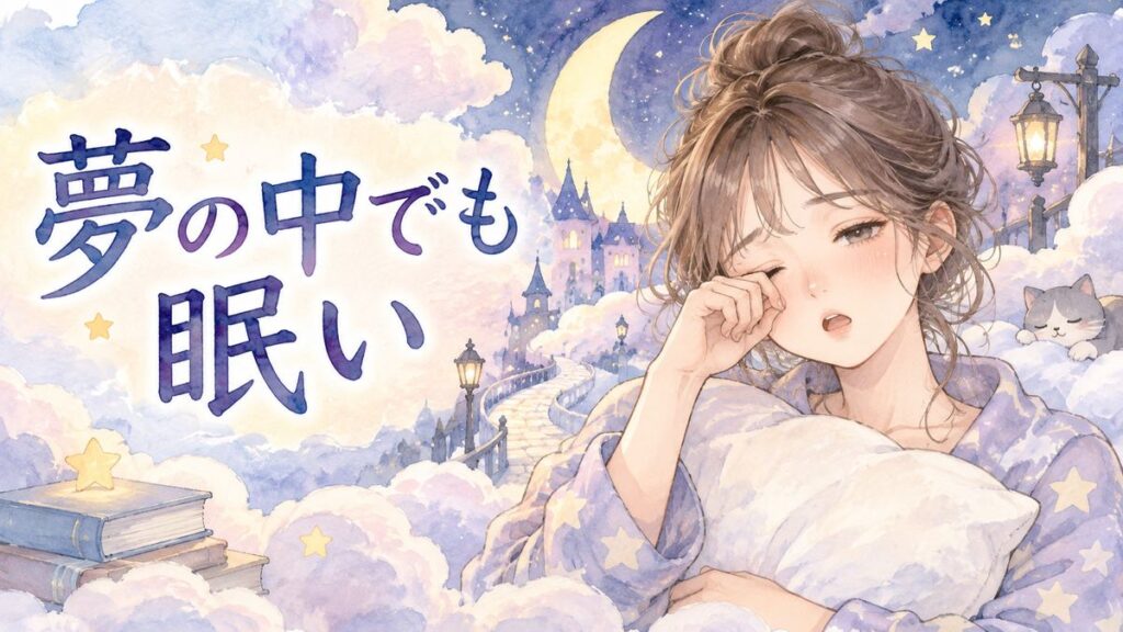 夢の夜空で眠そうにまぶたをこする大人の女性