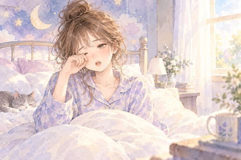 ベッドで目覚めても眠そうに目をこする女性