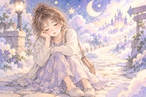 夢の中で眠気に負けて動けず座り込む女性