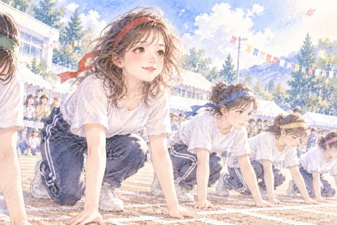 運動会のスタートラインに立つ大人の女性