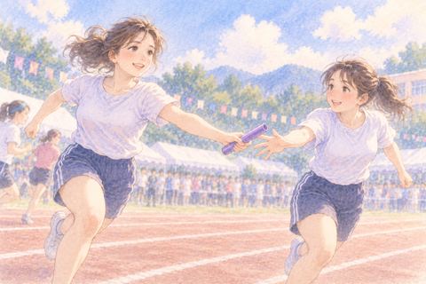 リレーでバトンを渡す大人の女性