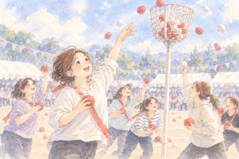 仲間と一緒に玉入れをする大人の女性