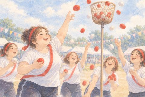 仲間と息を合わせて団体競技をする女性
