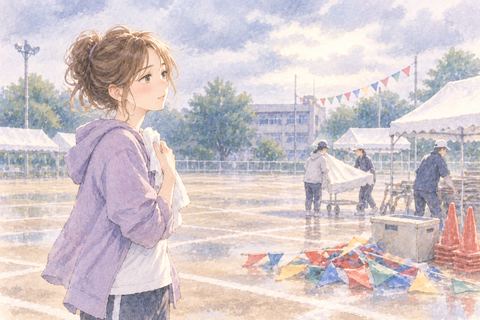 中止になった運動会場で立ち止まる女性